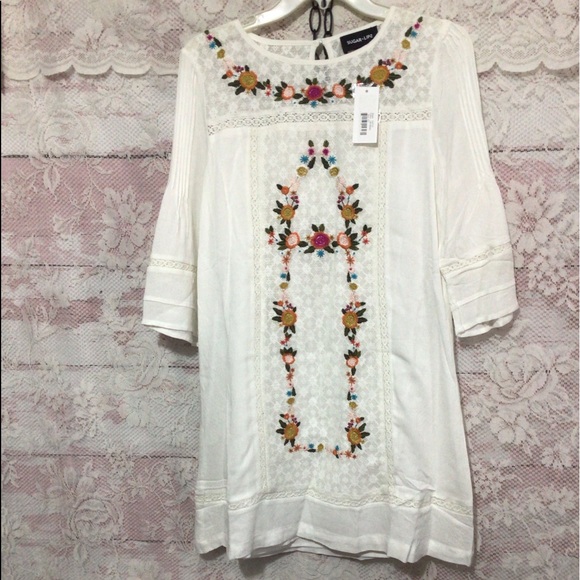 NWT SUGARLIPS Bohemian Flowing Embroidered Lacy Off White Dress Size XS - Picture 4 of 16